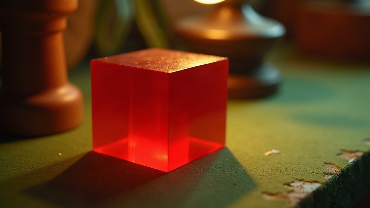 Borde afilado de un dado rojo transparente sobre paño verde gastado