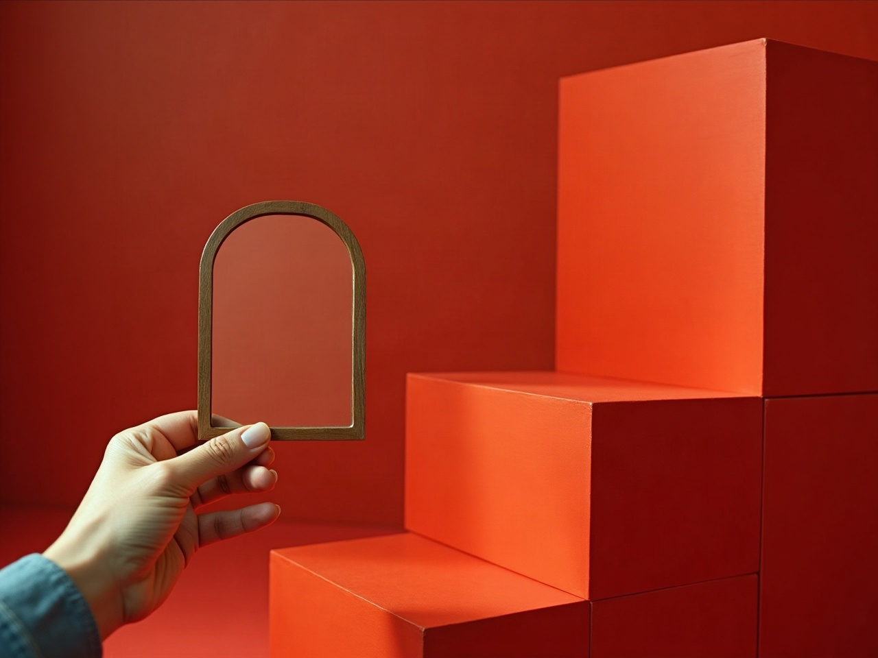 Espejo de mano angular reflejando el borde liso de un bloque rojo translúcido, profundidad de campo reducida